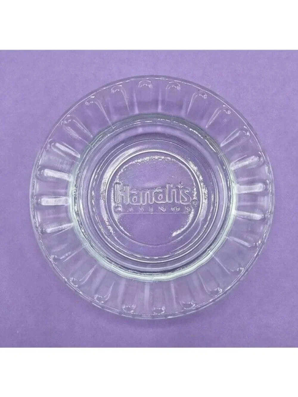 Harrah's Casino Hotel Ashtray Motel Embossed Logo Clear Glass 4.5